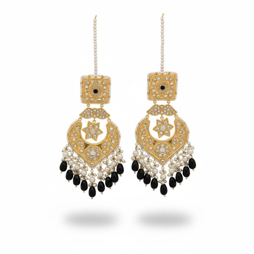 Black Elegance Multani Earrings with Pearl Fringe
