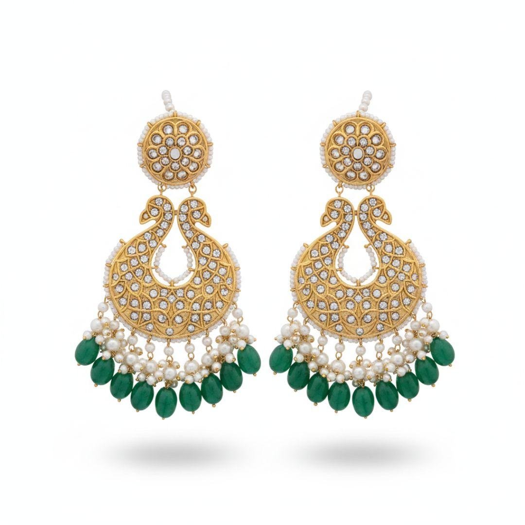 Golden Peacock Chandbali Earrings with Pearl Fringe