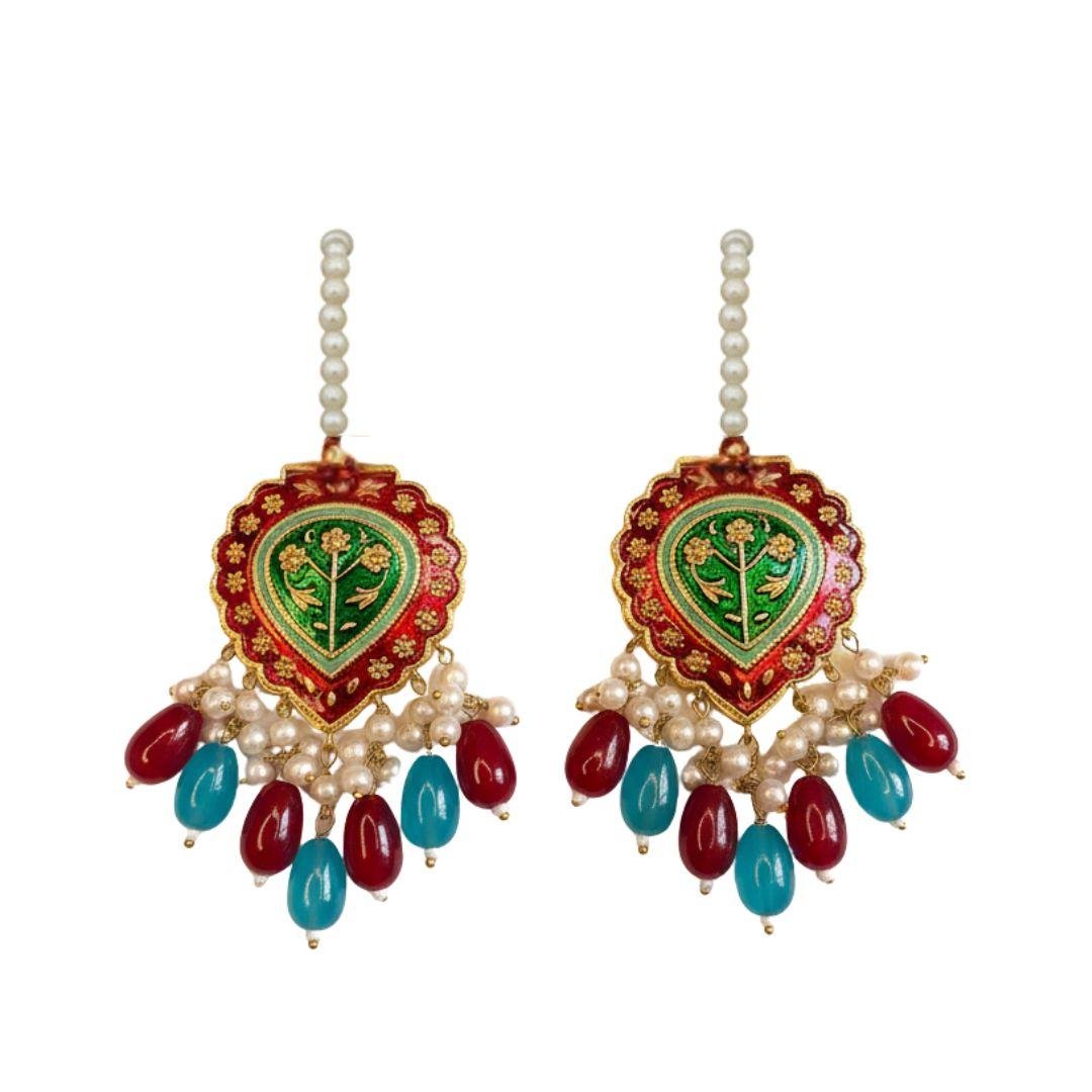 Handcrafted Multani Meenakari Earrings with Pearl & Bead Detailing