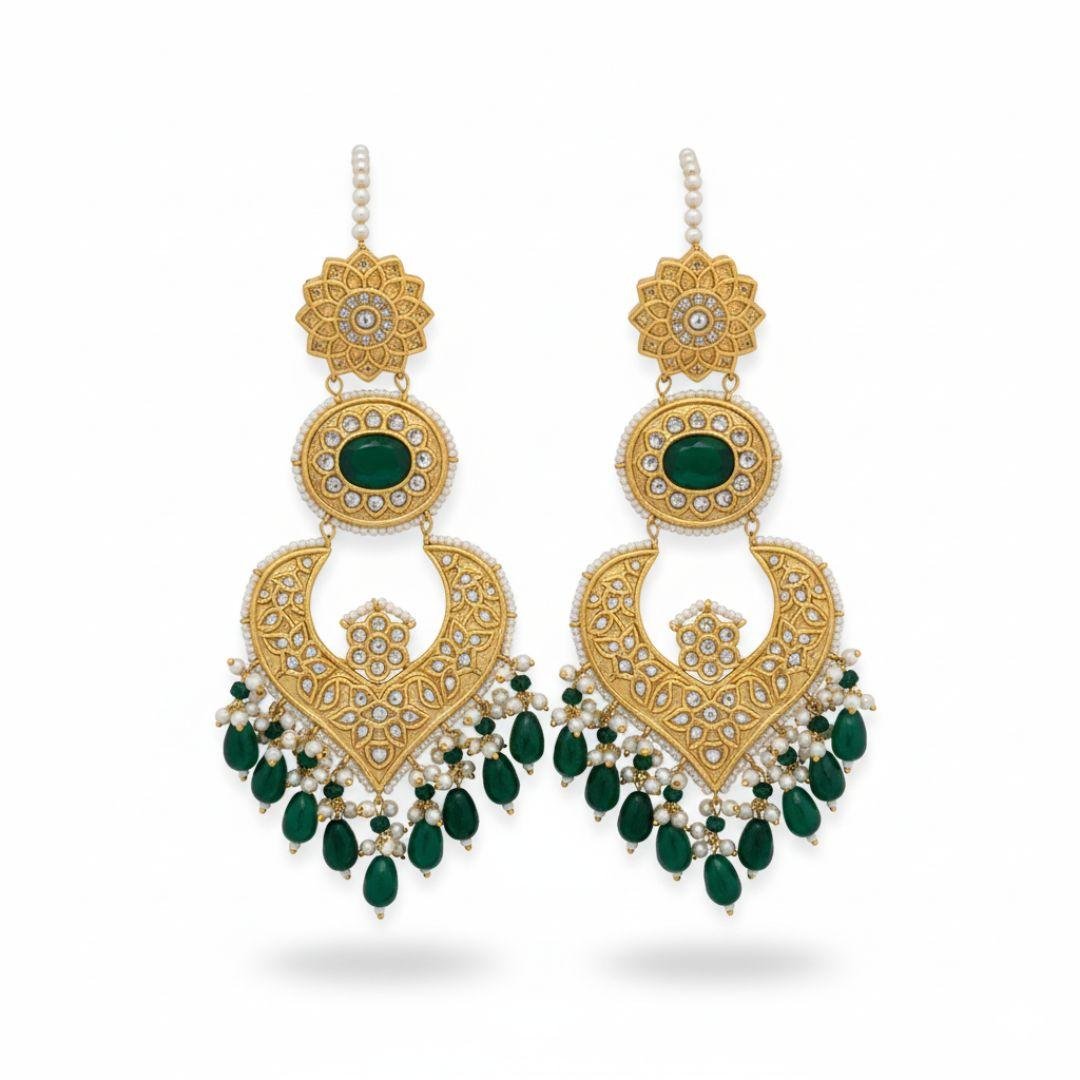 Large Multani Jhoomar-Style Hoops with Kundan, Green Gemstone & Pearl Fringe