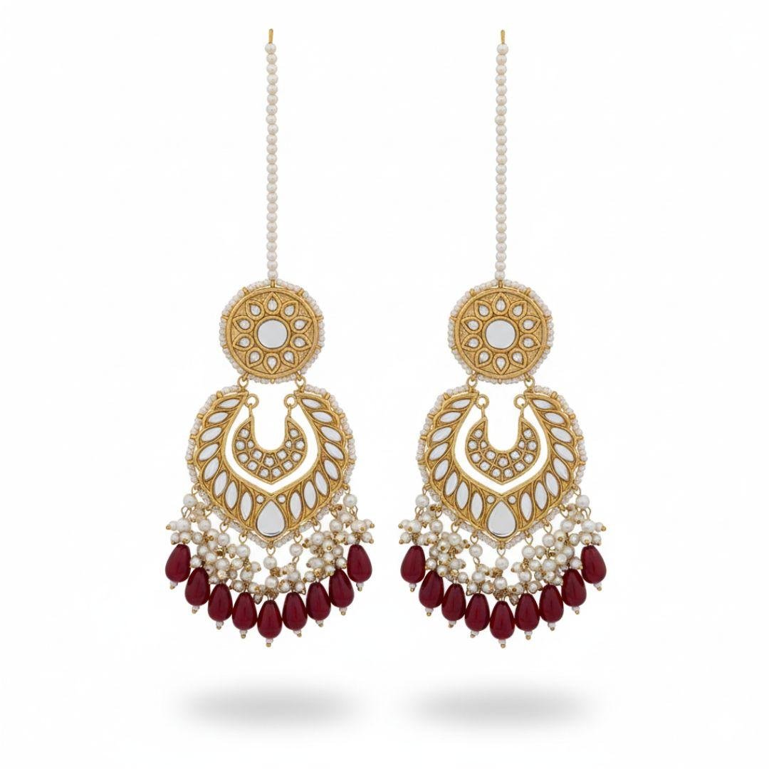 Multani Gold-Toned Chandbali Earrings with Mirror Work & Red Beads and Pearl Fringe