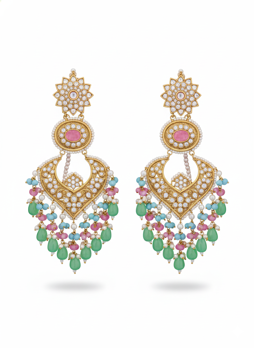 Multani Gold-Toned Chandbali Earrings with Pink Enamel & Green Beads