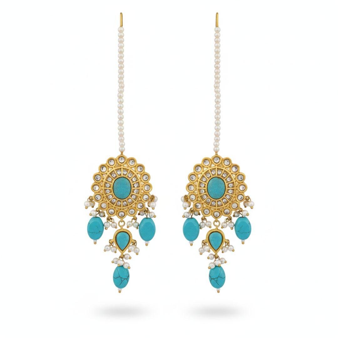 Multani Gold-Toned Earrings with Turquoise Stones & Pearl Drops