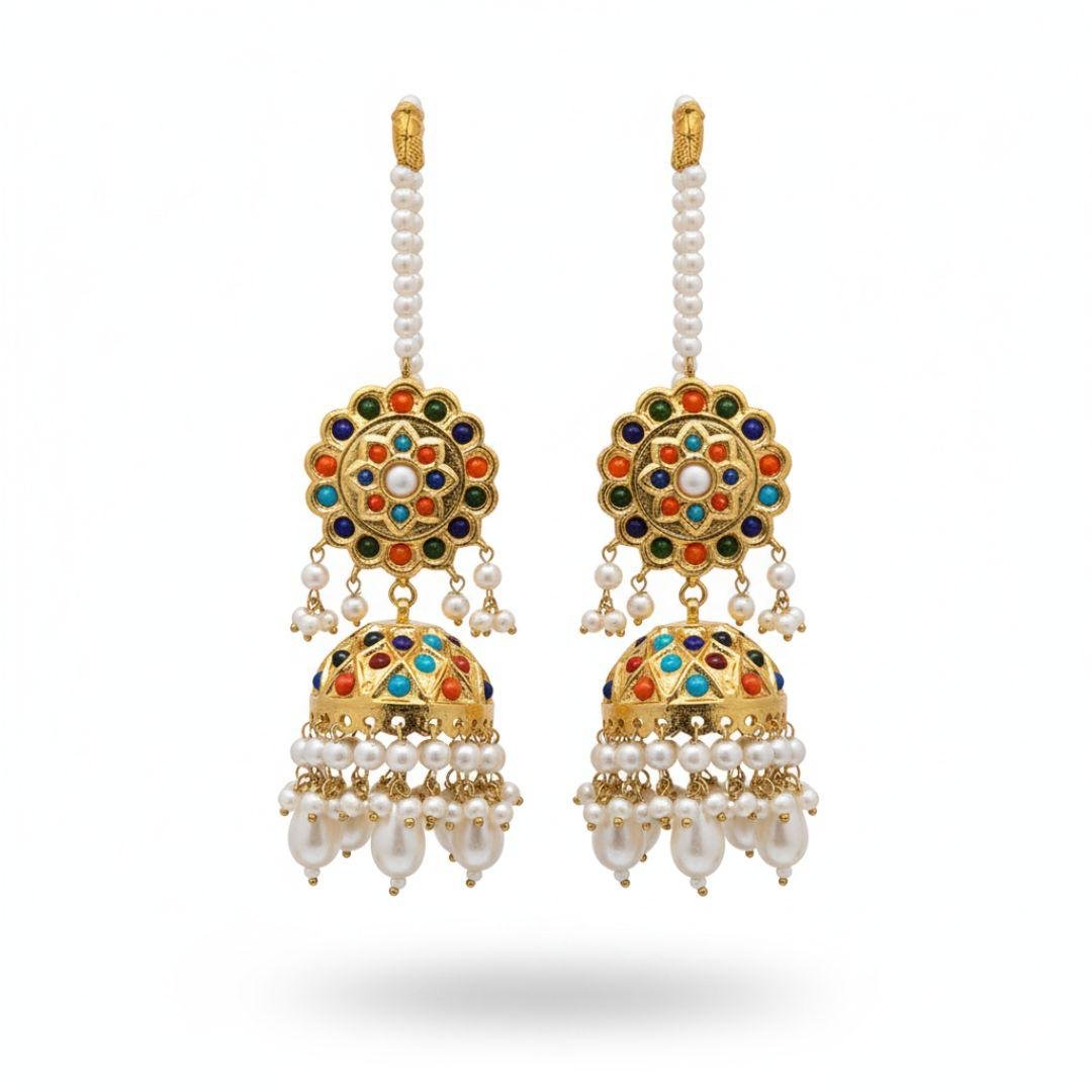 Multani Gold-Toned Jhumka Earrings with Multi-Colored Enamel & Pearl Drops