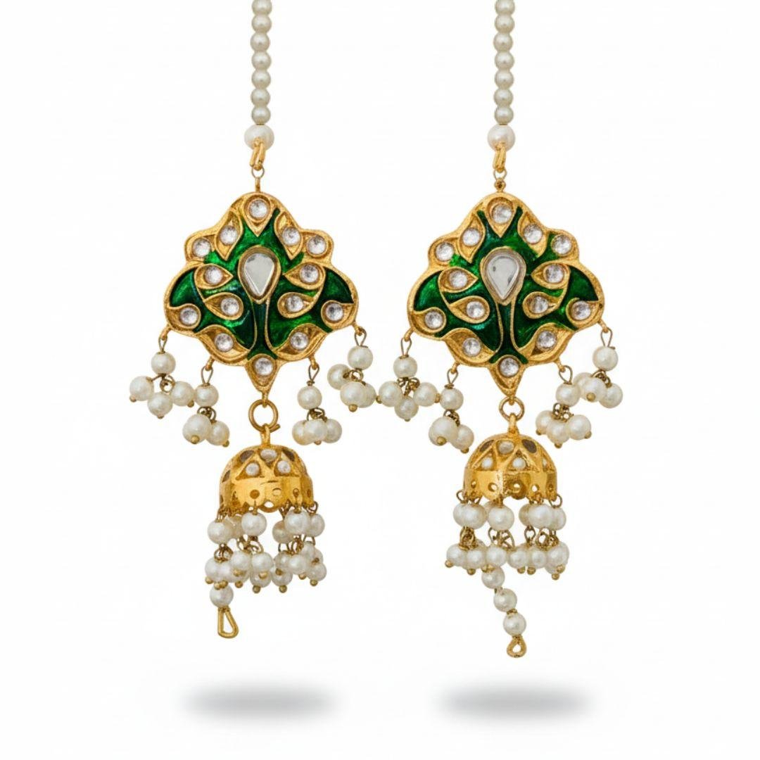 Multani Kundan Earrings with Pearl Jhumka Drops and pearl fringe