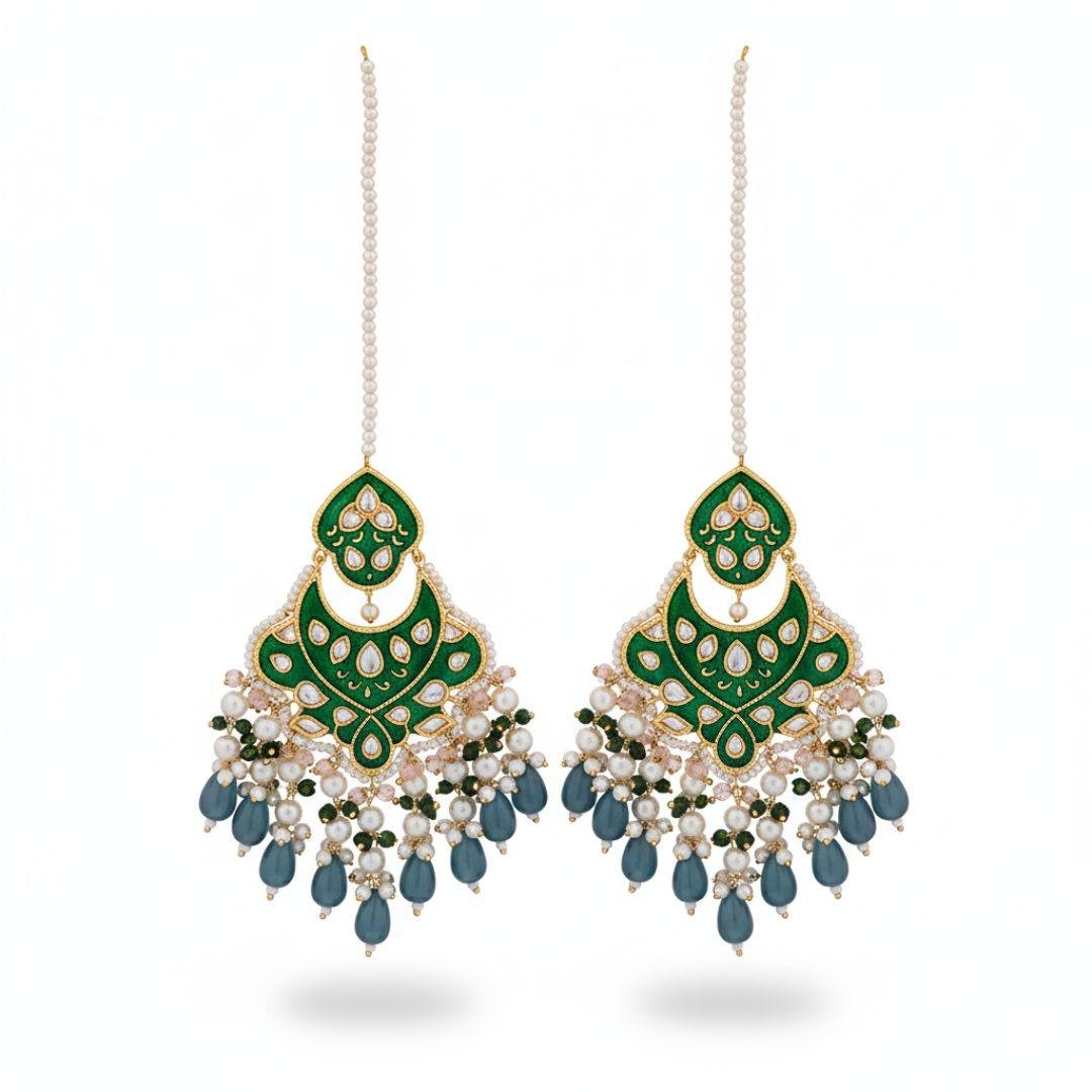 Multani Kundan Emerald Earrings with Pearl Fringe