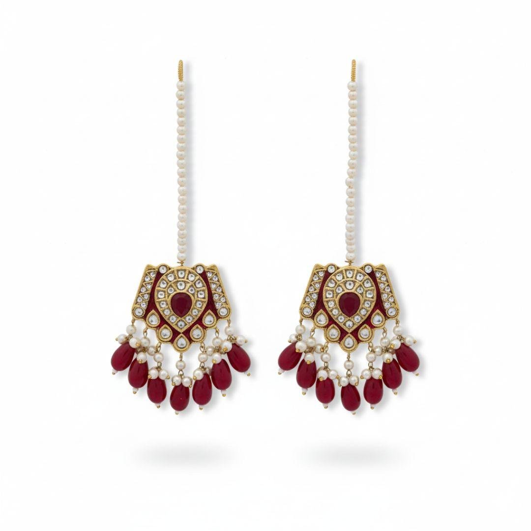 Multani Kundan & Red Gemstone Stud Earrings with Pearl Fringe