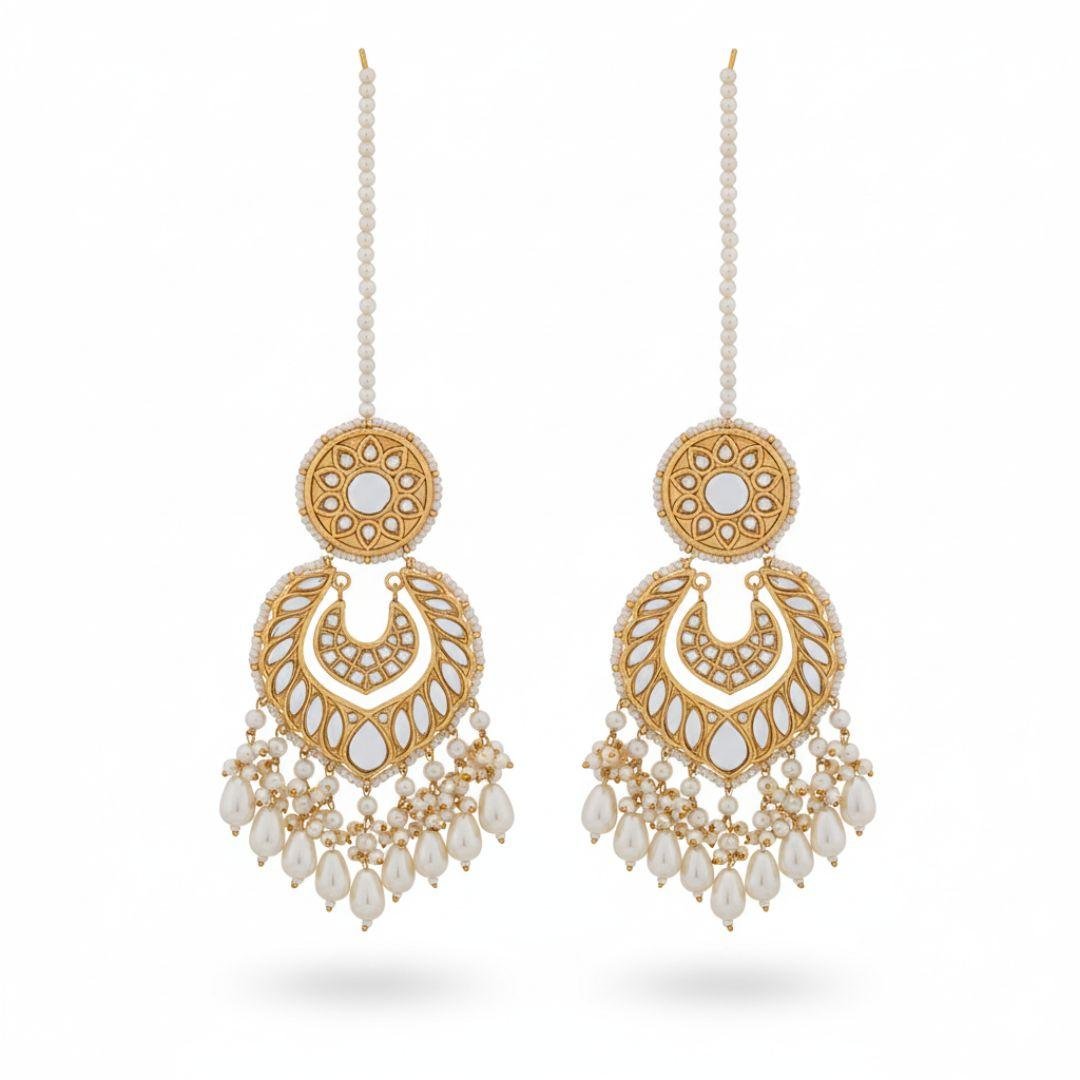 Multani Mirror Work & Pearl Chandbali Earrings with Pearl Fringe