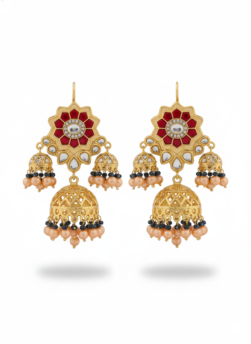 Ruby Red Floral Multani Kundan Earrings