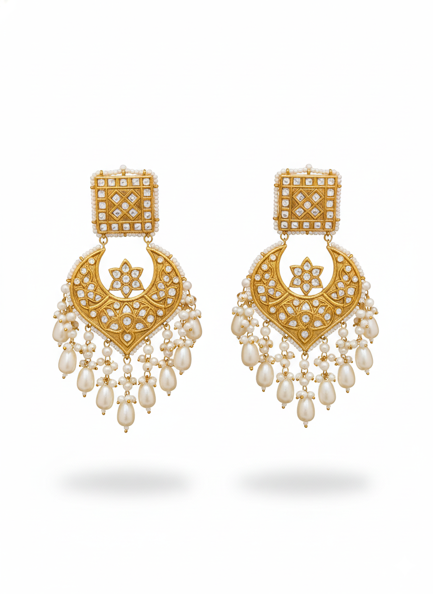 Timeless Heart Multani Kundan Jhumkas with Pearl Fringe
