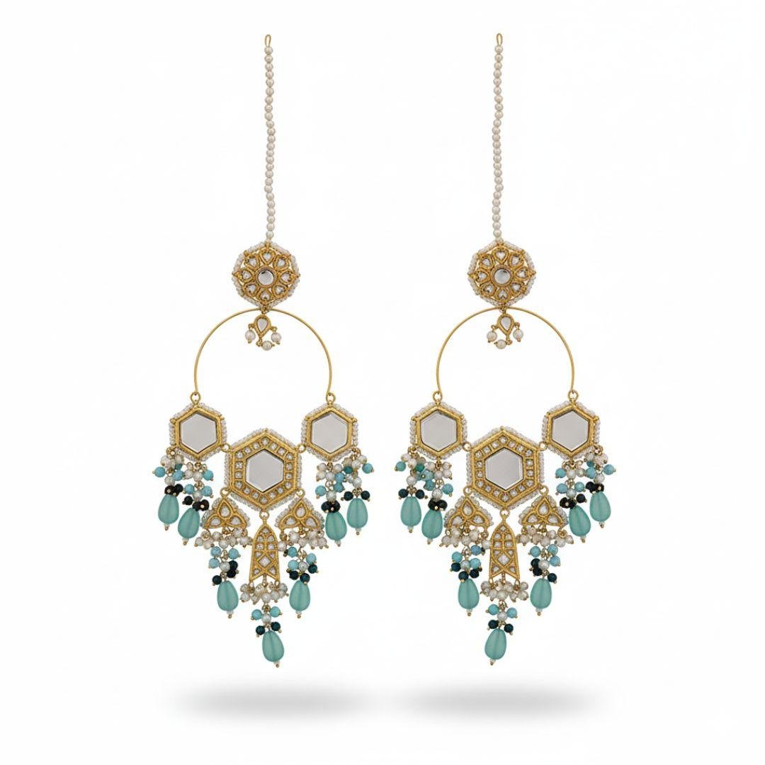Turquoise Hexagon Chandbaali Earrings with Pearl Fringe