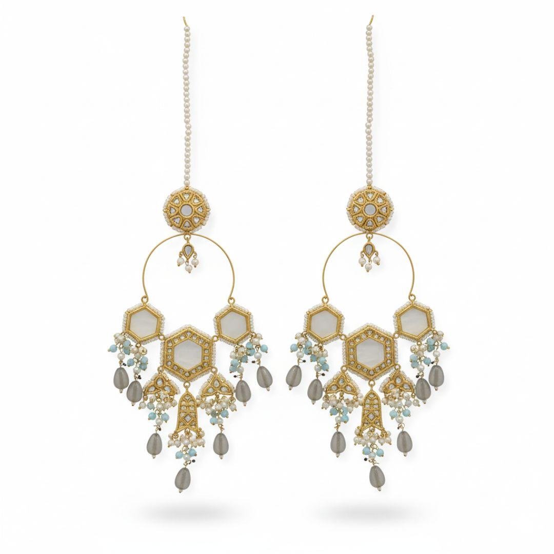 White Hexagon Chandbaali Earrings with Pearl Fringe